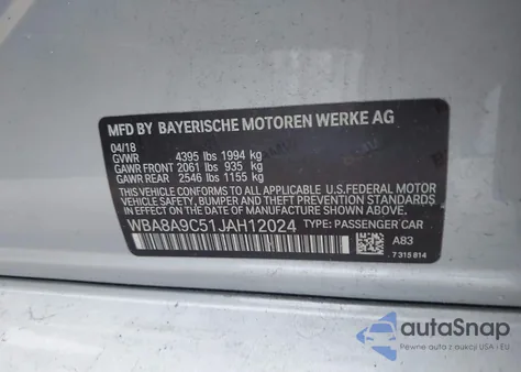 2018 BMW 320I из США, поврежденный, VIN WBA8A9C51JAH12024